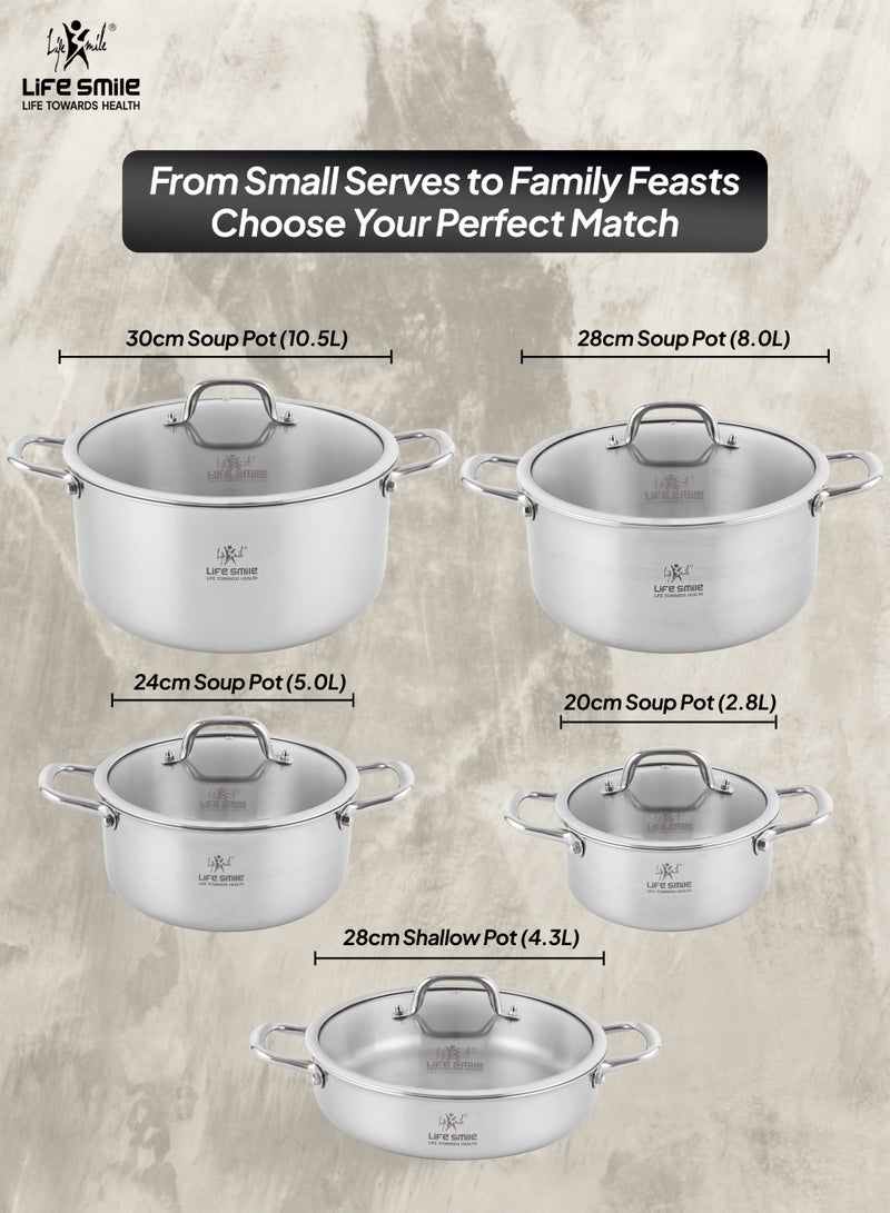 Life Smile 18/10 Stainless Steel Induction Soup Pot Set with Glass Lids – 10pcs Cookware Set includes 20/24/28/30cm Soup Pot with Lid & 28cm Shallow Pot with Lid - Image 3